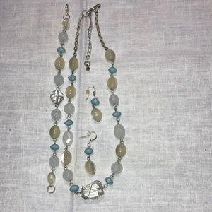 EUC—KR Set of 3–neck, brac. & earrings w/wh. lt. blue & clear beads. $19